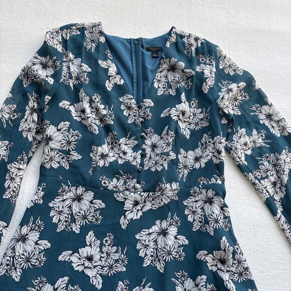 Ann Taylor Factory Women Size 8 Long Sleeve Floral Dress Teal A-Line Feminine - Picture 3 of 9
